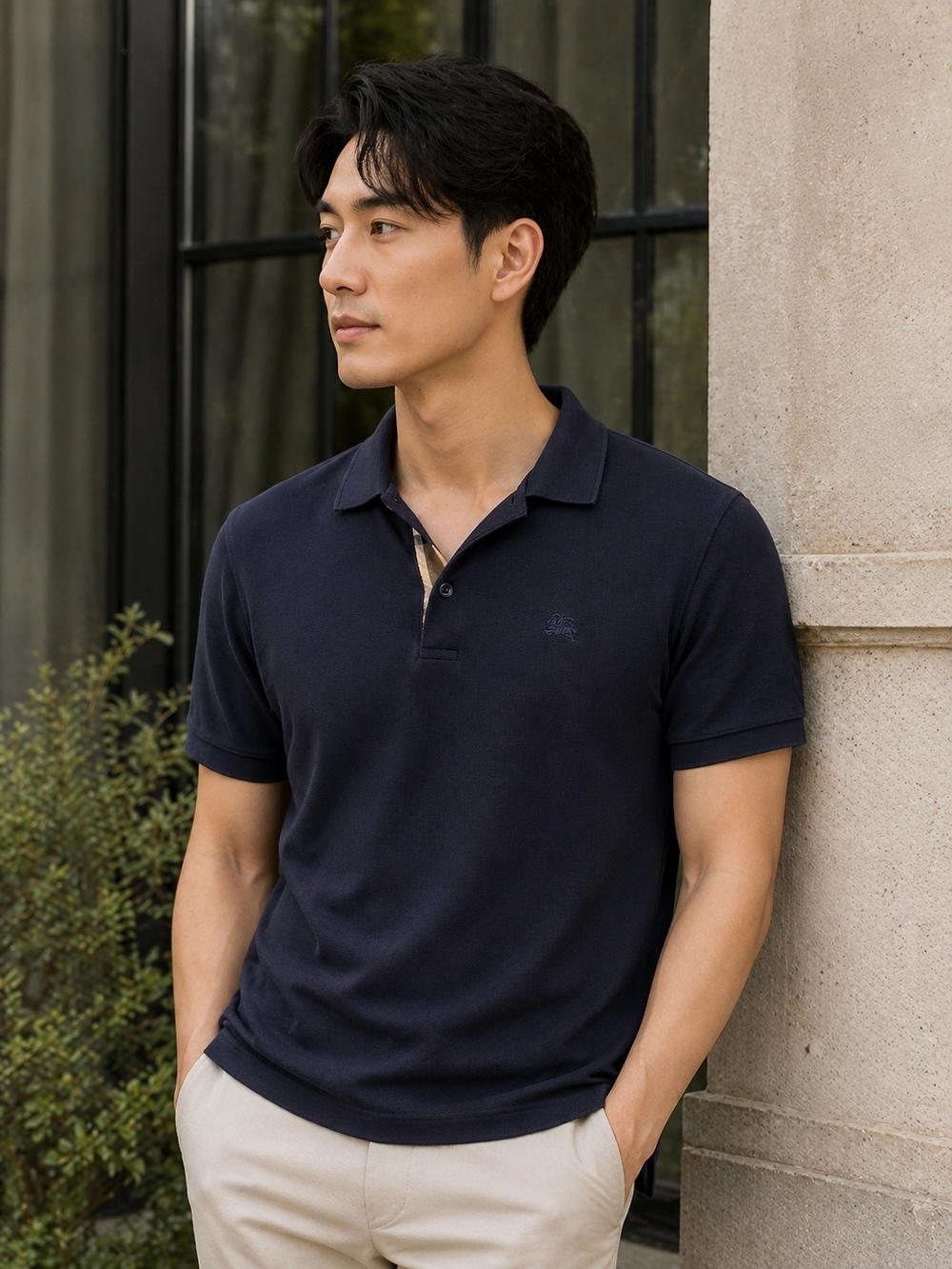 Burberry London Polo Shirt Navy Blue Nova Check Trim Logo Mens L Quiet Luxury